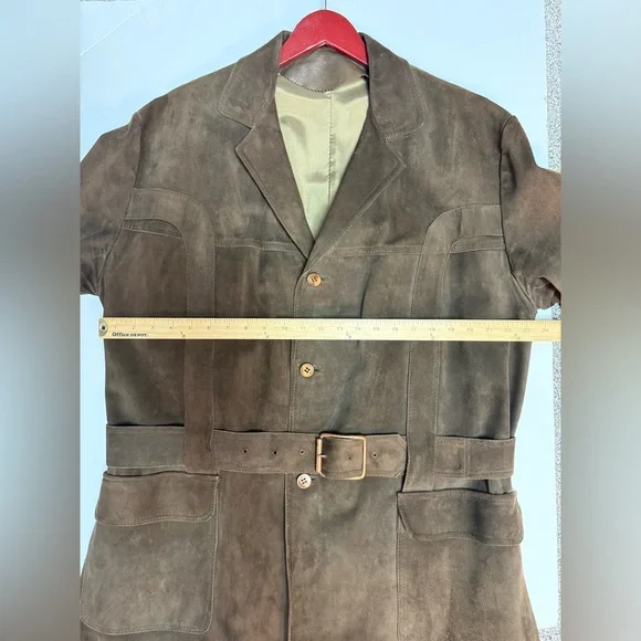 Men's Vintage Brown Suede Jacket, belt and pockets, L - Picture 6 of 16